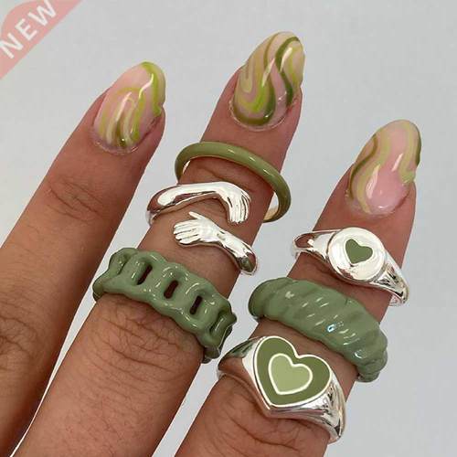 Vintage 6Pcs Green Embrace Hands Rings Set For Women Metal P