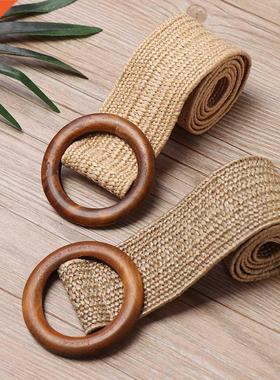 1PC Women Fashion Casual Straw Belt Round Wooden Buckle Elas
