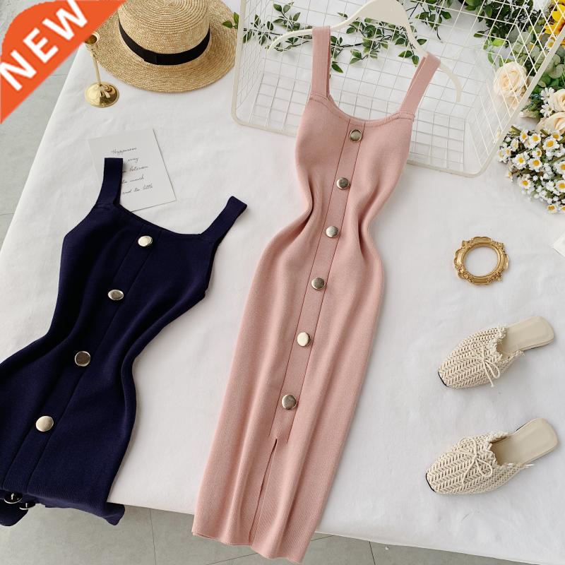 2020 Summer Pink/Red/White/Black Women Knitted Dress Vintage图片