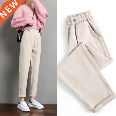 Women Woolen Pants Autumn Winter 2021 New Casual Solid Elast