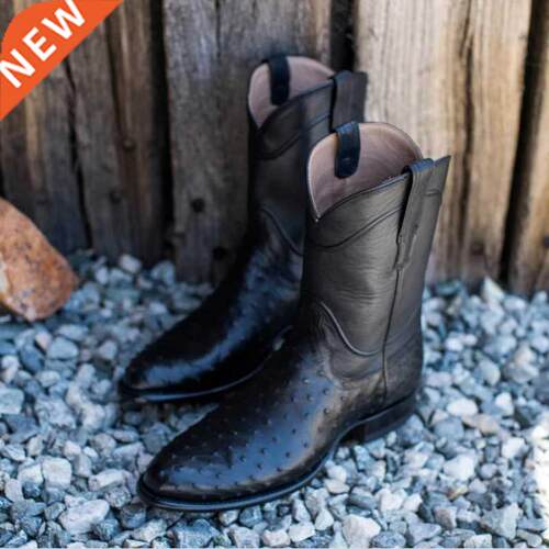 Men Classic Short Boots Embroidery Leather Shoes Round Toe R