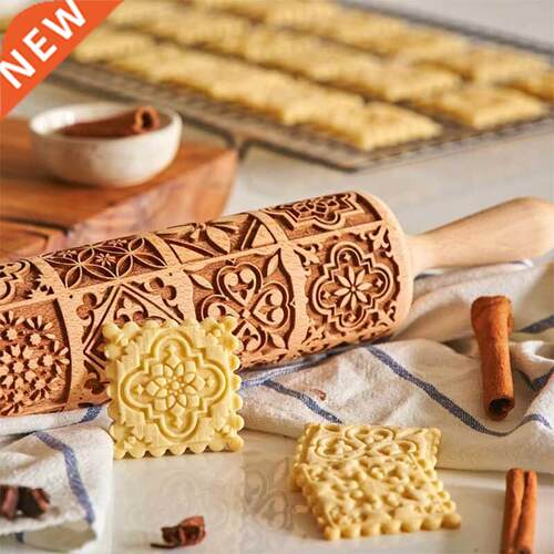Chrimas Rolling Pins Rock Snowflake Elk Wooden Rolling Emb