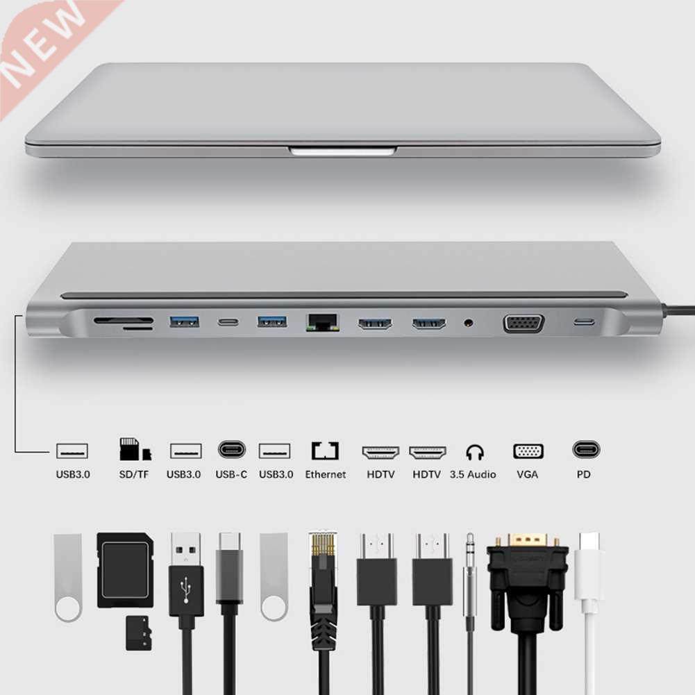 12 in 1 Type C HUB to .0 USB Card Reader Dual HDMI-compatib