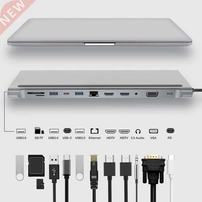 12 in 1 Type C HUB to .0 USB Card Reader Dual HDMI-compatib