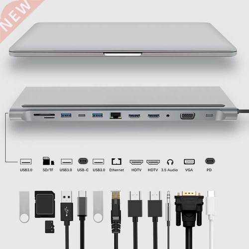 12 in 1 Type C HUB to .0 USB Card Reader Dual HDMI-compatib