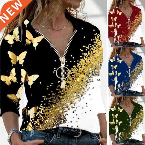 Women's Tops 2021 Autumn New Large Size T-shirt V-neck Zippe