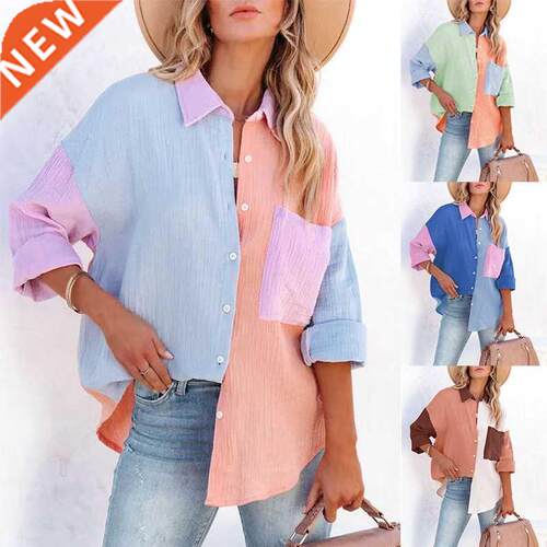 shirt women Long Sleeve Vintage shirts Leisure Blue Blouses