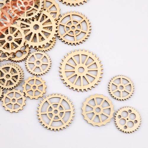 50pcs/lot 25~50mm Mixed Wheel Gears Natrual Wooden Scrapbook