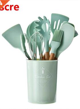 Silicone Cooking Kitchen Utensils Set Wooden Handle Cooking