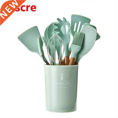 Silicone Cooking Kitchen Utensils Set Wooden Handle Cooking