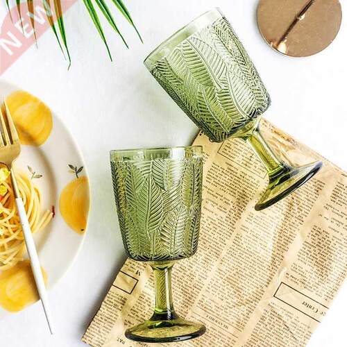 Retro Embossed Texture Leaves Goblet Green Glass Wine Glass