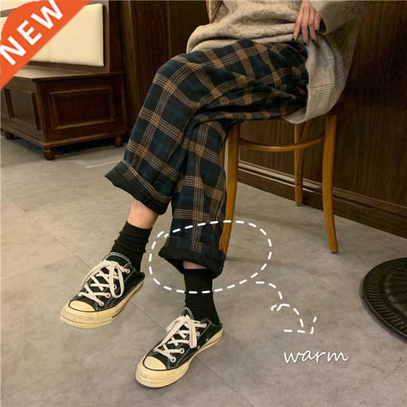 Fashion Autumn Winter Fleece Plaid Pants Women Thick Trouser