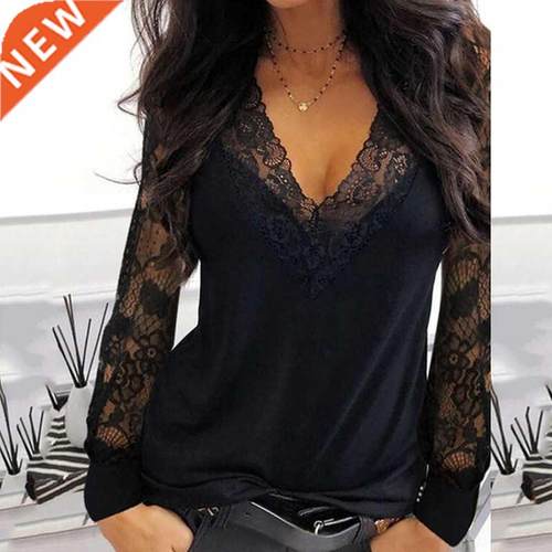 Casual V-neck Lace Long Sleeve T-shirt for Women Spring Wint