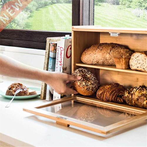 Storage Box Bamboo Bread Box Bins Single Double Layers Food