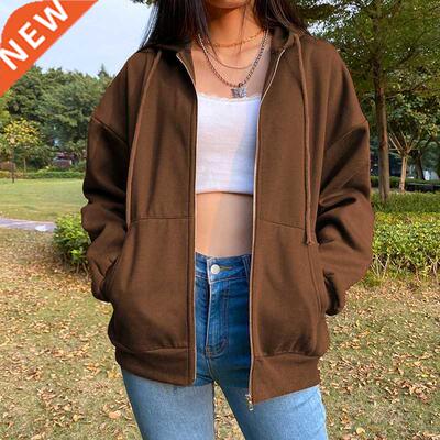 Brown Zip Up Hooded Sweatshirts Women 2021 Vintage Pockets O
