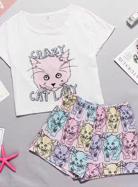 Women	s Pajama Sets Cartoon Pattern Pajamas Short Sle