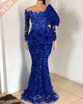 Royal Blue African Evening Dresses Lace Beaded Off The Shoul