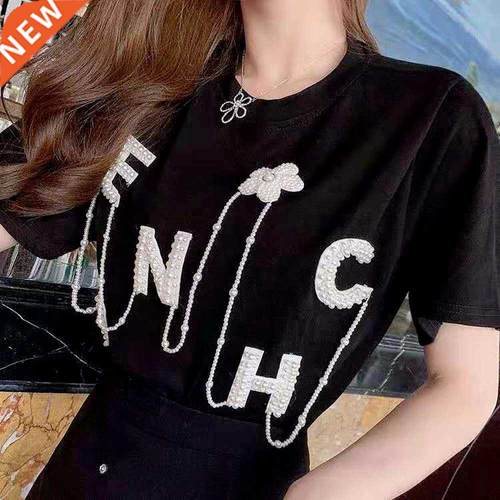 2022 New Fashion T Shirts for Women Cotton Tees Pearl Embroi