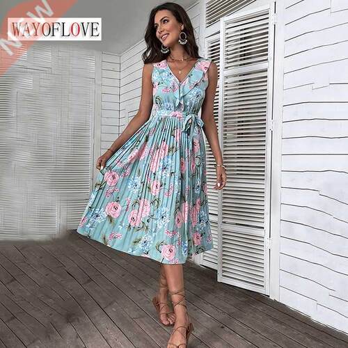WOFLO Summer Woman Flower Print Beach Dress Party Elegan