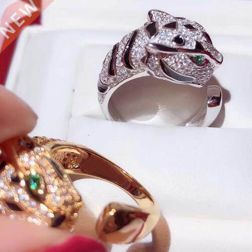Black spot Leopard Head Rings paved A Cubic Zirconia Stone