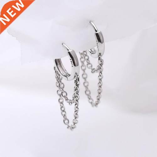 Real 925 Sterling Silver Double Layer Tassel Hoop Earrings F