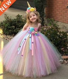 Girls Pastel Unicorn Flower Tutu Dress Kids Crochet Tulle St