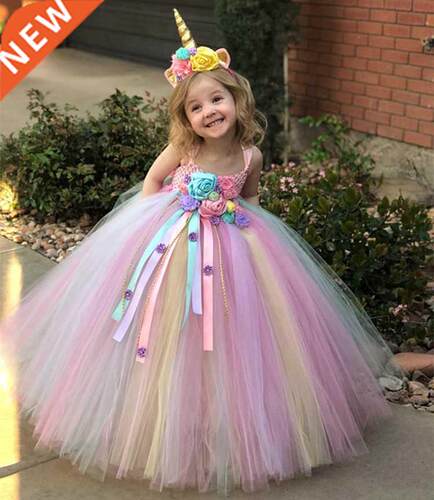 Girls Pastel Unicorn Flower Tutu Dress Kids Crochet Tulle St