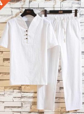 New Arrival Men's Cotton and Linen Short Sleeve T-shirt+Ankl