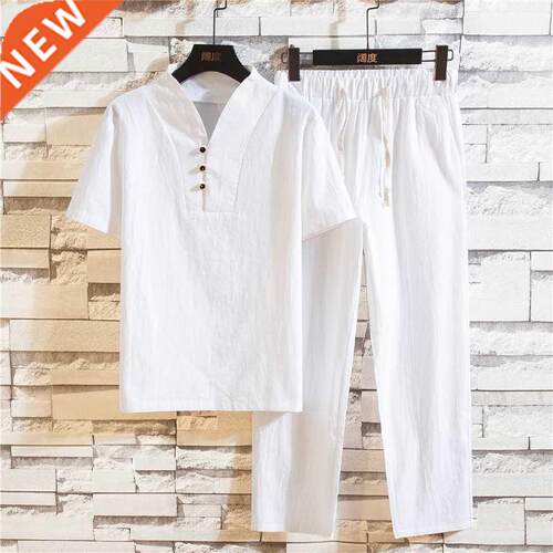 New Arrival Men's Cotton and Linen Short Sleeve T-shirt+Ankl