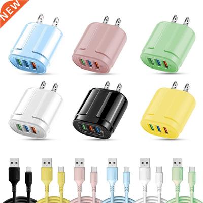 USB Type C Cable Macaron Fast Charger US Plug 3 Ports USB Hu