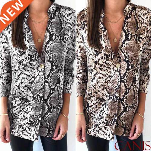 Women Snake Skin Print Tee Shirt Top Ladies Loose Button V N