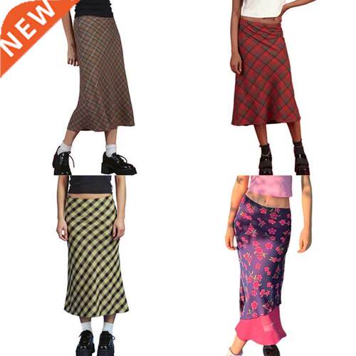 Women's Plaid Print High Waisted Midi Skirt A-Line Bocon L