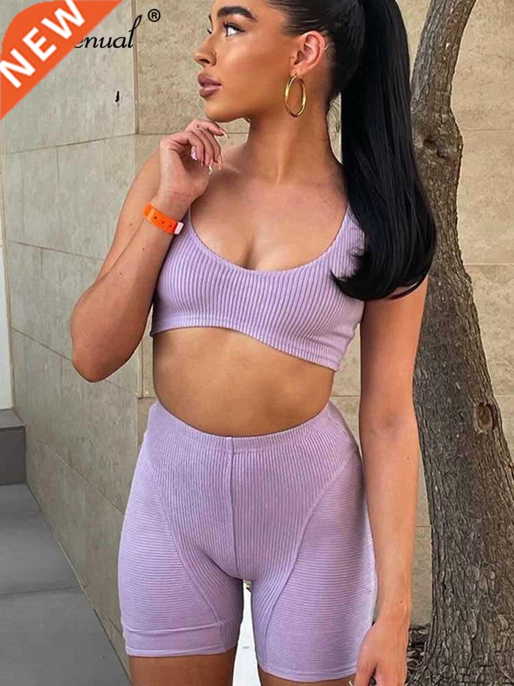 Simenual Ribbed Pure Color 2 Piece Sets Women Athleisure Sli