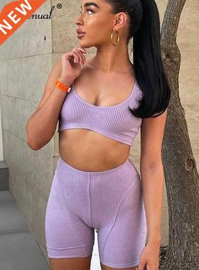 Simenual Ribbed Pure Color 2 Piece Sets Women Athleisure Sli