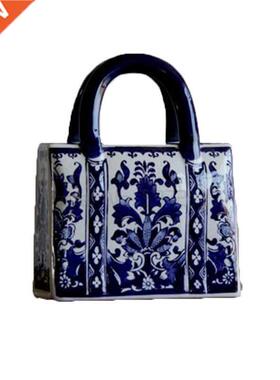 Chinese style blue and white ceramic handbag shaped vase,