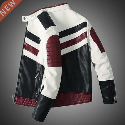 Mens Motorcycle Jacket Leather Striped Patchwork PU Leather
