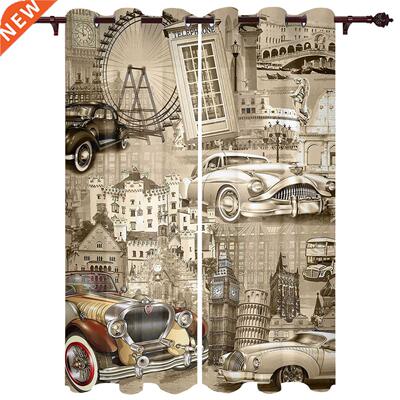 Car European Building Vintage Window Curtains for Bedroom