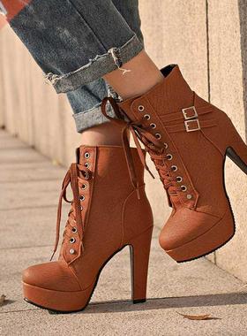 Plus Size Ankle Boots Women Platform High Heels Female Lace