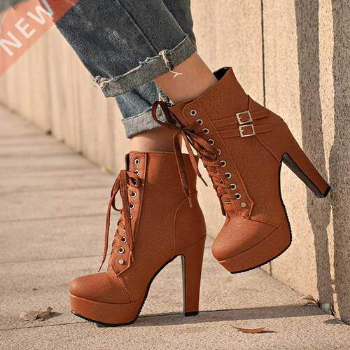 Plus Size Ankle Boots Women Platform High Heels Female Lace