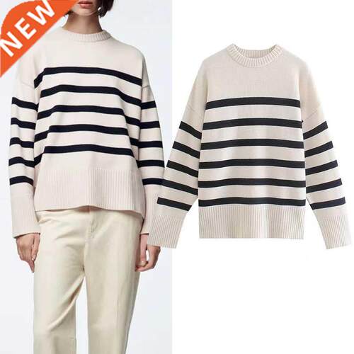 Sweater pullover Fall new fashion stripe O-neck cotton 100%
