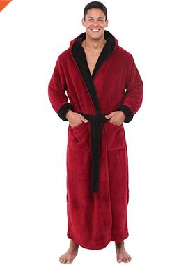 2022 Men's Bthrobe Flnnel Hooded Winter Robe Solid Plush T