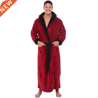 2022 Men's Bthrobe Flnnel Hooded Winter Robe Solid Plush T