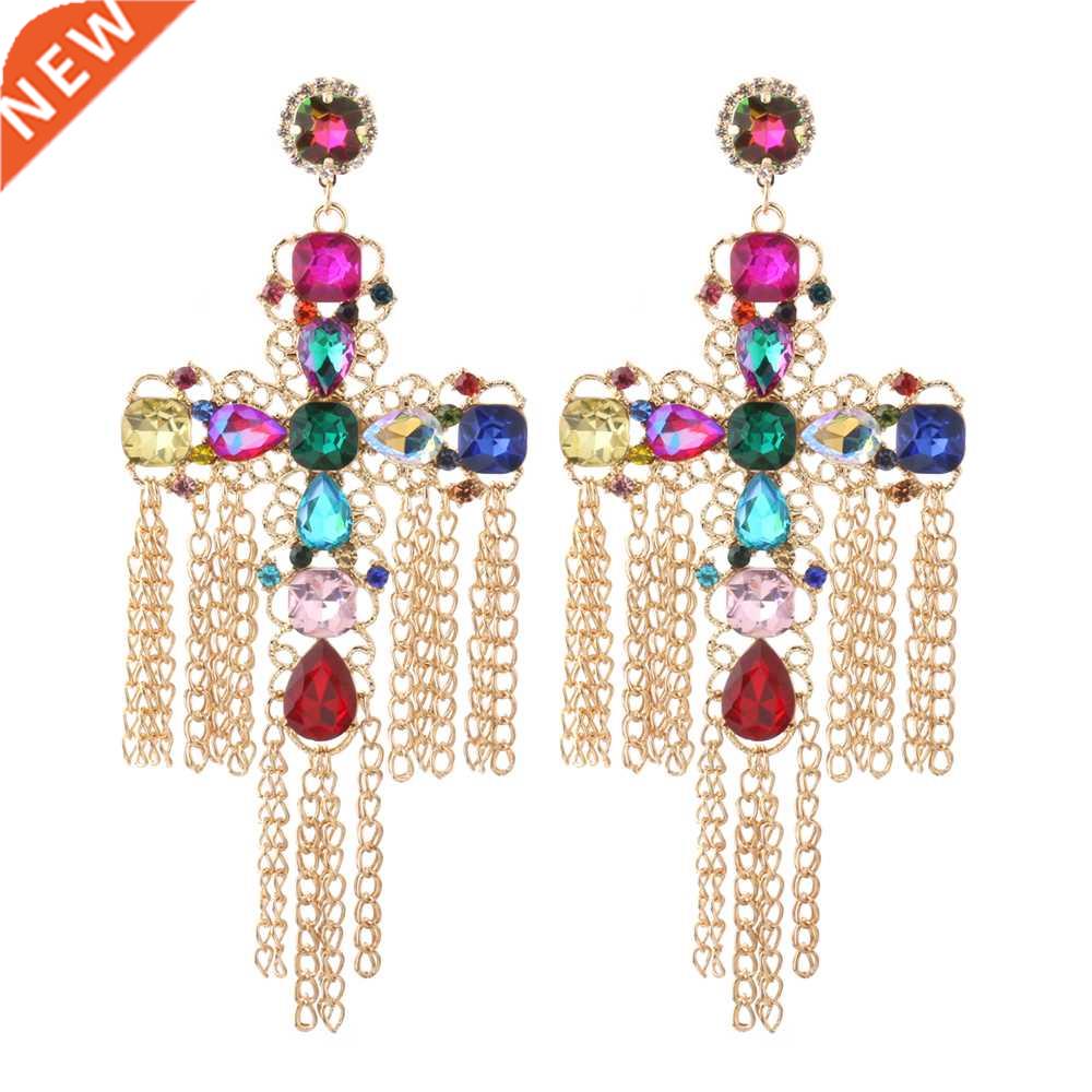 NeeFuWoFu New Black Cross Earring Colorful Long Tassel Big G