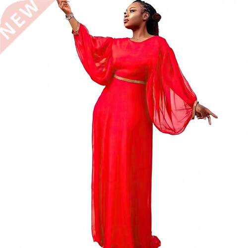African Maxi Dress Women Lantern Sleeve O Neck Backless Robe