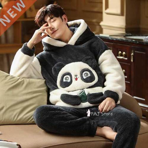 Large Bust Warm Man Fleece Pajamas Winter Men Thick Hood Fla