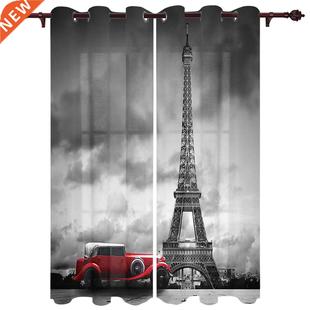 Pis Eiffel Tower With Red C Window Curtains for Bedroom