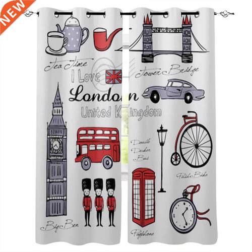 British Landscape In Hand Drawn Style Window Curtains for