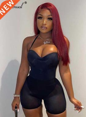 Simenual Low Cut Camis Bodysuit And Mesh Biker Shorts Sets W