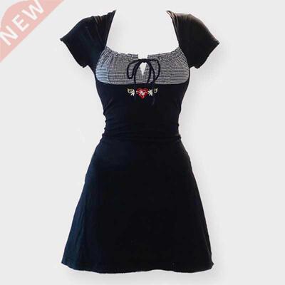 Vintage Kawaii Bow Embroidery Mini Dress Patchwork Square Co
