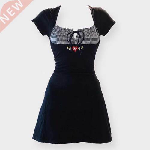 Vintage Kawaii Bow Embroidery Mini Dress Patchwork Square Co